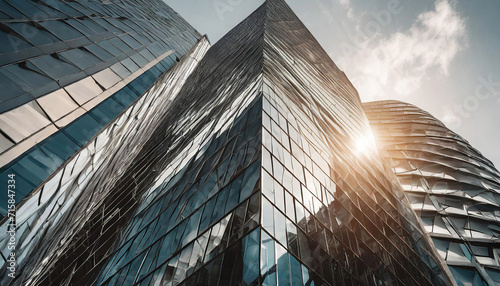 futuristic skyscraper with a unique, asymmetrical design, reflecting sunlight on its glass facade