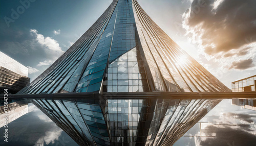 futuristic skyscraper with a unique, asymmetrical design, reflecting sunlight on its glass facade