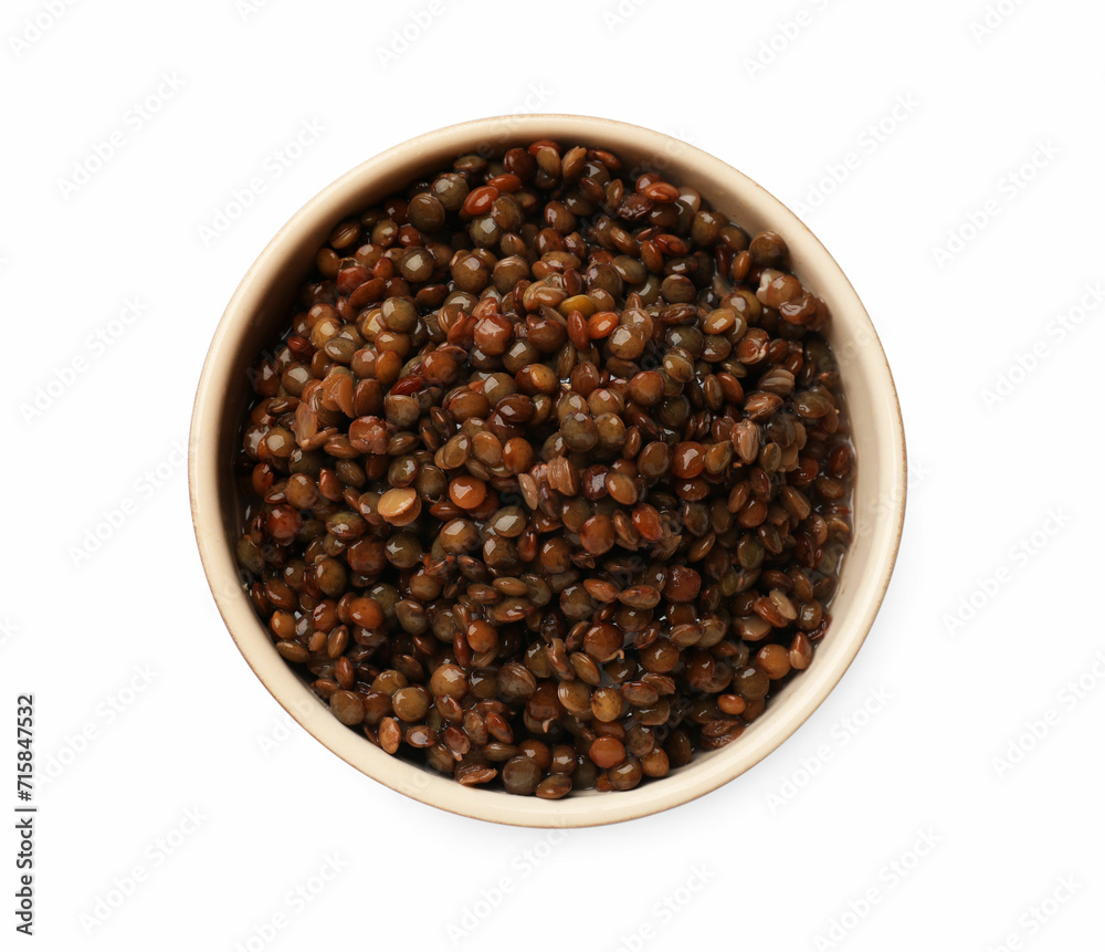 Delicious lentils in bowl isolated on white, top view Delicious lentils in bowl isolated on white, top view