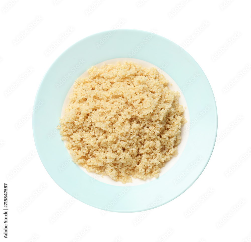 Plate with tasty cooked quinoa isolated on white, top view Plate with tasty cooked quinoa isolated on white, top view