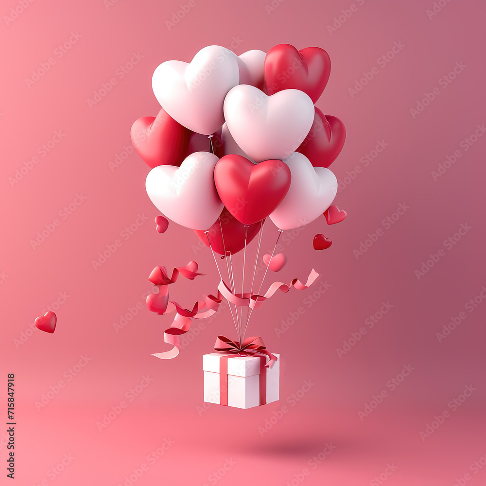 Valentine's Day background with heart shaped balloons and gift box. 3D Render. Surprise and heart-shaped balloons. Gift in a white box on a pink background. Pink heart-shaped gel balloons.