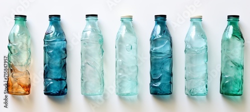 Assorted discarded plastic water bottles. various shapes and sizes on white background