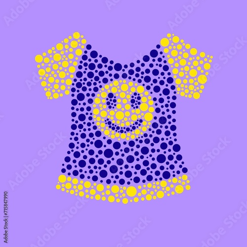 T-shirt with a smiley face made of small blue and yellow circles on purple background