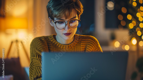 Young woman is focused on her laptop in a warmly lit indoor setting at night, with bokeh lights in the background.