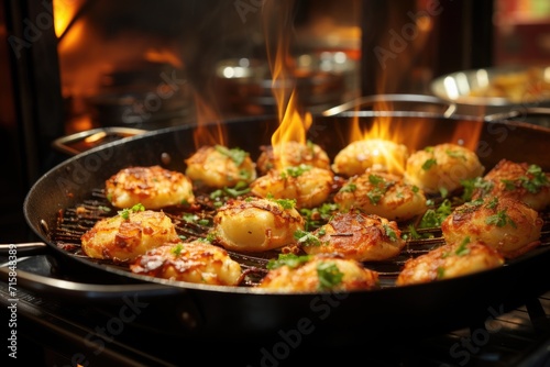 Codfish balls being fried in a bustling street stall in Lisbon., generative IA