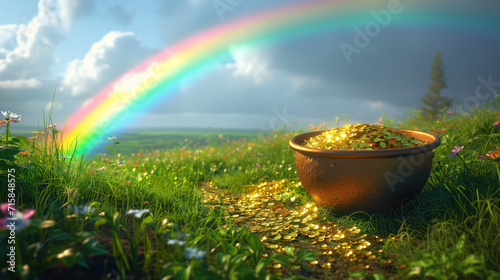 Golden Coins in Pot Under Rainbow in Spring Meadow