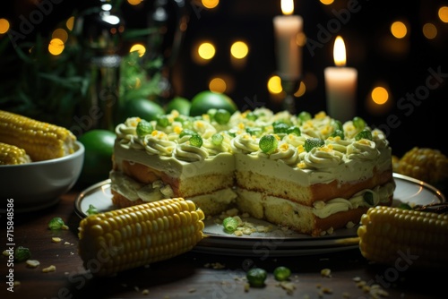 Green corn cake decorated with flags in a June party inside.  generative IA
