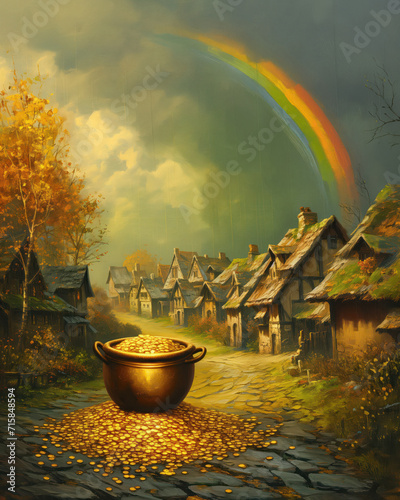 Pot of Gold at End of Rainbow in Rustic Village