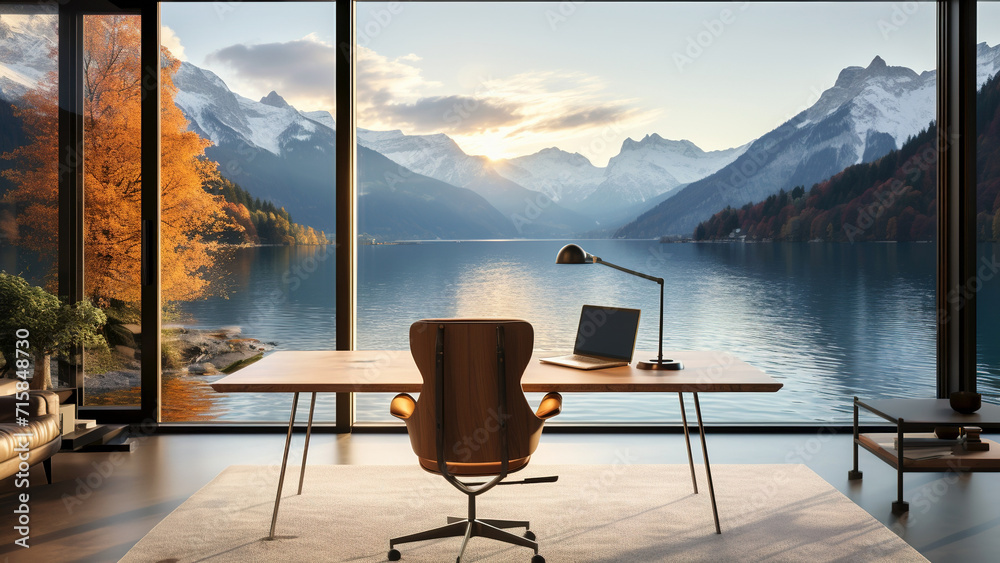 Scenic home office room background or backdrop for online presentations and virtual meetings on lake water mountains scene