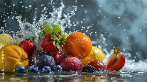 Colorful Fruits Bursting with Water Splashes