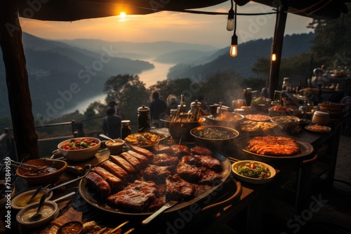 Gaucho barbecue in a parrilla overlooking the mountains of Rio Grande do Sul., generative IA