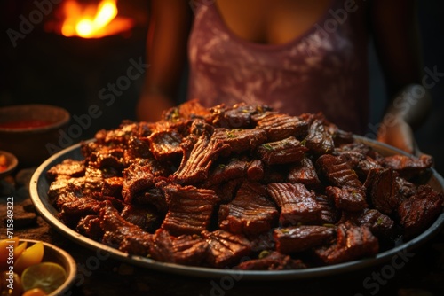 Hidden in dried meat and cassava on a clay plate, at a typical party in Ceará., generative IA