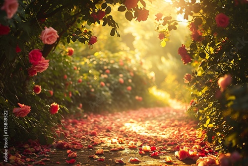 Step into a serene garden at twilight, where a pathway adorned with delicately strewn rose petals beckons you to embark on a journey of exploration