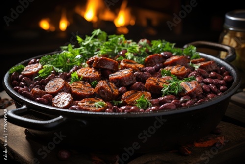 Fumeaging feijoada served at a rustic wooden table in a colonial house in Rio de Janeiro., generative IA photo
