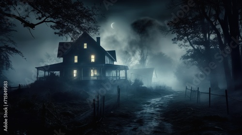 Overgrown haunted mansion in a moonlit swamp with fog. Generate AI image © Ghiska