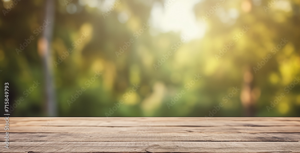 Fototapeta premium Warm sunlight filters through a blurred forest scene behind a smooth, empty wooden table surface.