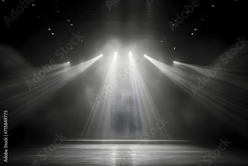 Stage with spotlights, smoke, and dramatic lighting on a dark background. Empty concert stage with copy space. © jex