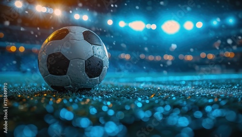 a soccer ball is sitting on top of a stadium and lighting is on