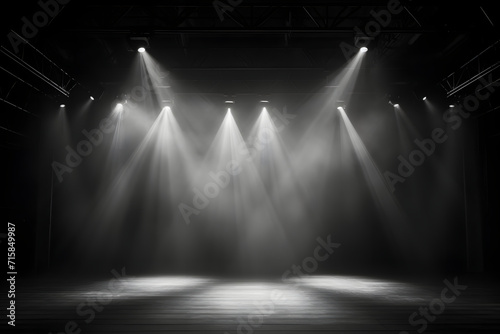 Stage with spotlights, smoke, and dramatic lighting on a dark background. Empty concert stage with copy space.