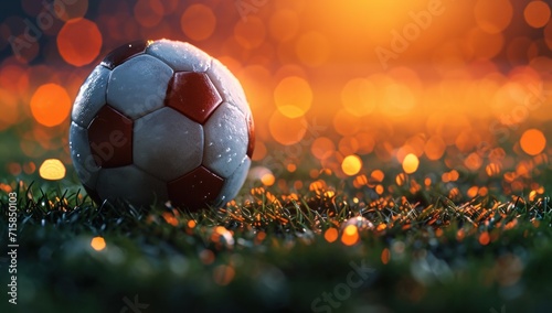 a soccer ball reflects light on a dark soccer field with lights shining
