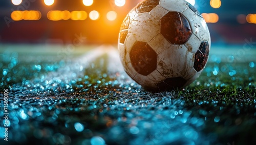 a soccer ball reflects light on a dark soccer field with lights shining