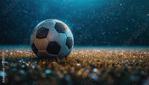 a soccer ball sitting on an empty field at night