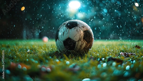 a soccer ball sitting on an empty field at night