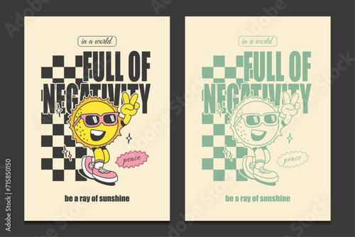retro 70s posters with retro sun cartoon character, vector illustration