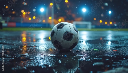 a soccer ball sitting on an empty field at night