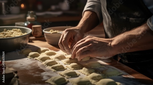 Crafted by skilled hands, ravioli takes shape on a wooden table, showcasing the culinary mastery of traditional homemade pasta.