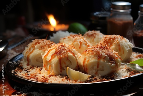 Tapioca stuffed with curd and coconut cheese, made in a beach tent in Pernambuco., generative IA photo
