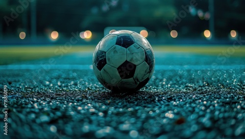 a soccer ball sitting on an empty field at night