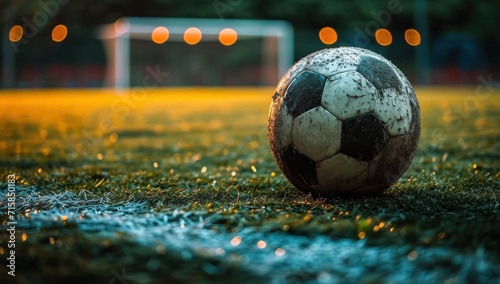 a soccer ball sitting on an empty field at night