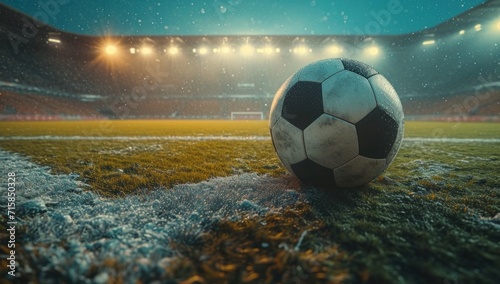 an image of a soccer ball inside an empty stadium at night