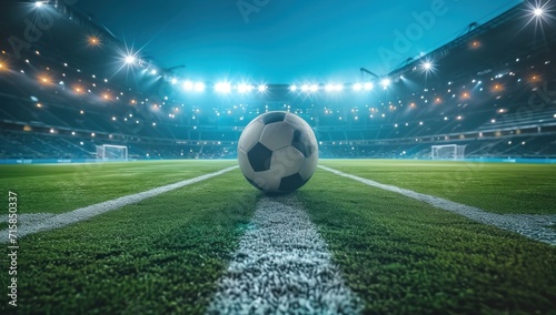 an image of a soccer ball inside an empty stadium at night