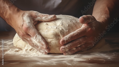 The tactile elegance of a baker's hands, covered in flour, meticulously kneading dough for a wholesome outcome. photo