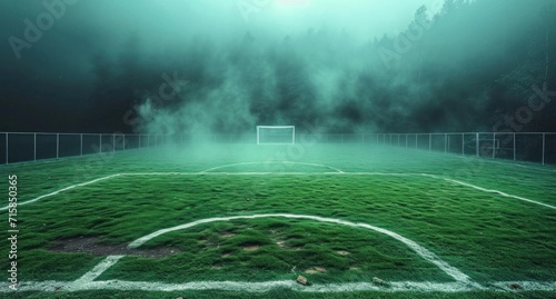 soccer field with a green pitch, in the style of smokey background