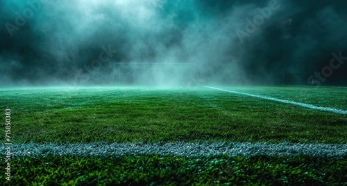 soccer field with a green pitch, in the style of smokey background