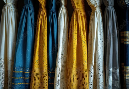 a collection of dresses are hanging on a rack