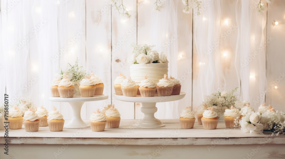 cupcakes boho setup, white wooden table and white and cream background, bright lights, copy space, 16:9