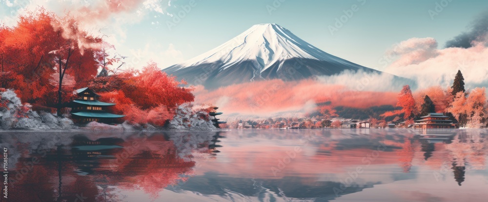 Beautiful view of Mount Fuji with views of trees and lake in front. Generate AI images - obrazy, fototapety, plakaty 