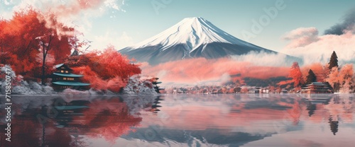 Beautiful view of Mount Fuji with views of trees and lake in front. Generate AI images photo