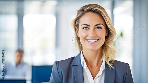 Happy confident businesswoman in office looking at camera.