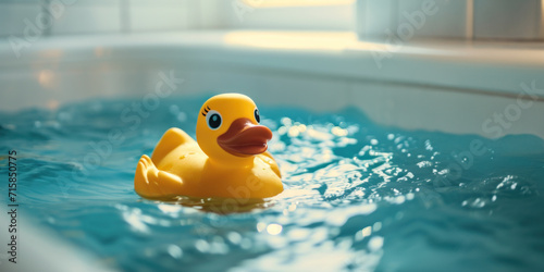 A yellow rubber duck floats on the water of a bathtub photo