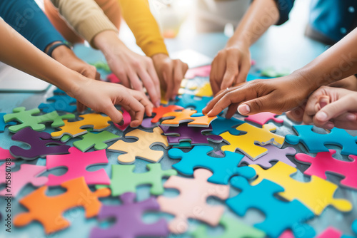 Vibrant scene of employees working together and each person contributing a unique piece to a shared success puzzle, diversity of roles and talents within the office team, Collaborative Success concept