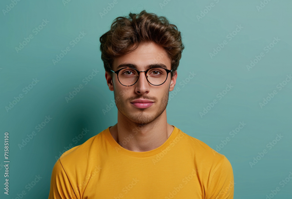 a male man in glasses is posing wearing a yellow shirt