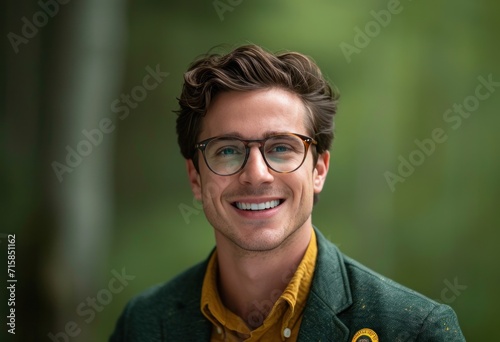 young man smiling at camera in glasses on green background
