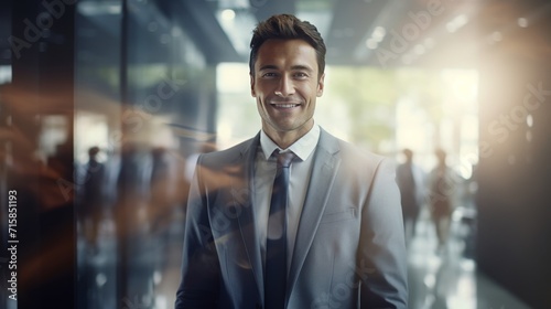 businessman, smile, suit, background blurred coridor modern office,, 16:9