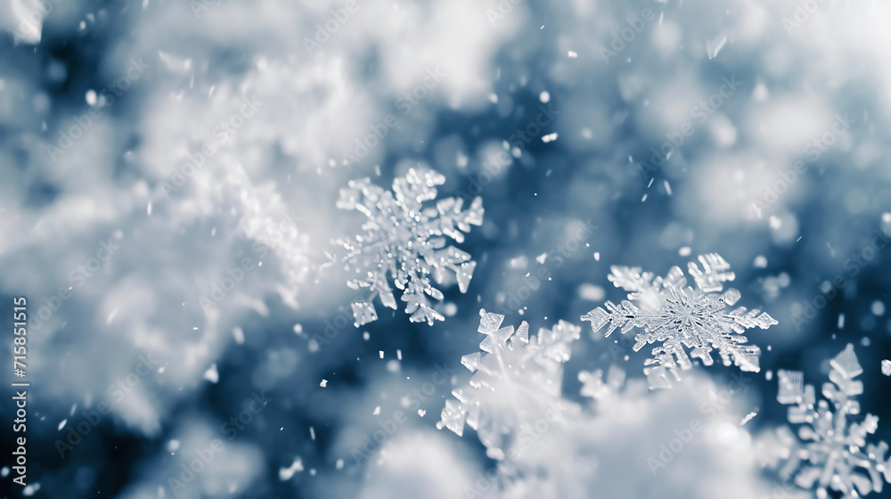 Macro shot of snowflakes during snowfall in freeze motion. Winter landscape with bokeh background