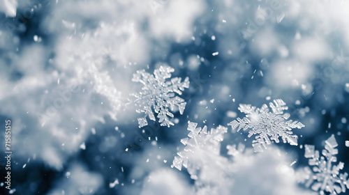 Macro shot of snowflakes during snowfall in freeze motion. Winter landscape with bokeh background